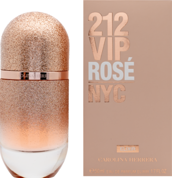 212 VIP Rosé Elixir: zbliżenie na różowozłotą butelkę perfum i pasujące pudełko z napisem VIP ROSÉ NYC.