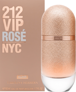 Perfumy 212 VIP Rosé Elixir. Butelka i pudełko w brokatowym różowym złocie, widok z przodu.