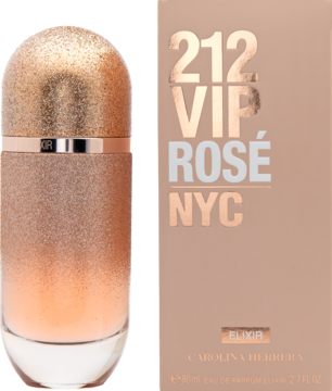 Flakon 212 VIP Rosé Elixir, różowe złoto z brokatem, oraz pudełko z napisem NYC, ułożone obok siebie.