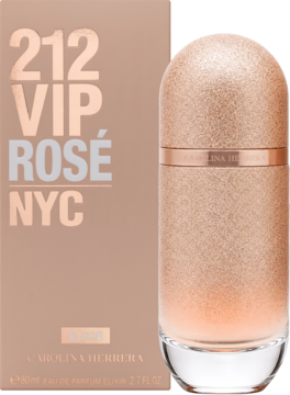Zapach 212 VIP Rosé Elixir: brokatowa butelka perfum i różowe pudełko z napisem '212 VIP ROSÉ NYC'.