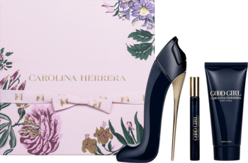Zestaw Carolina Herrera Good Girl: ciemnoniebieska butelka szpilka, miniatura, balsam, różowe pudełko z kwiatami.
