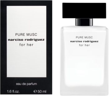 Biało-czarne opakowanie i flakon perfum Narciso Rodriguez Pure Musc For Her, widoczne obok siebie.