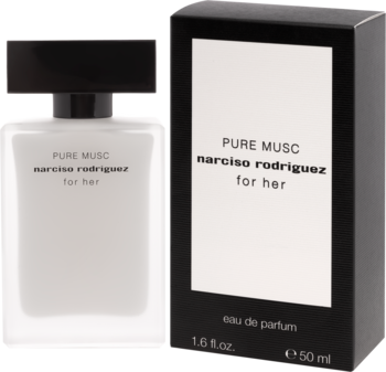 Biały flakon perfum Narciso Rodriguez Pure Musc For Her i czarne pudełko z białym logo, widok z przodu.