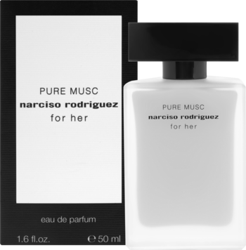 Biała butelka i czarno-białe pudełko perfum Narciso Rodriguez Pure Musc 50 ml, ujęcie z przodu.