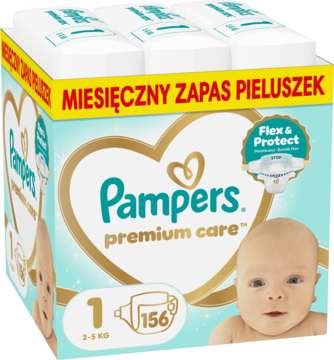 Duże opakowanie pieluszek Pampers Premium Care 1 (2-5 kg), 156 sztuk, z zapasem miesięcznym i bobasem.