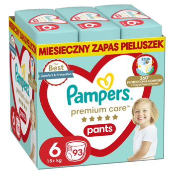 Pampers Premium Care Pants rozmiar 6 (15+ kg), 93 sztuki, miesięczny zapas w niebieskim pudełku z sercem.