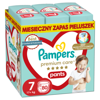 Miesięczny zapas pieluchomajtek Pampers Premium Care Pants rozmiar 7 (17+kg), 80 sztuk, widok z przodu.