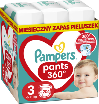 Duże, turkusowo-białe pudełko pieluchomajtek Pampers Pants 360° rozmiar 3 (6-11 kg) "miesięczny zapas", widok z przodu.