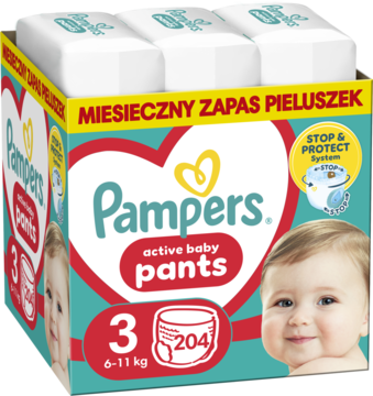 Miesięczny zapas Pampers Active Baby Pants rozmiar 3 (6-11kg), 204szt., opakowanie Stop & Protect z dziećmi.