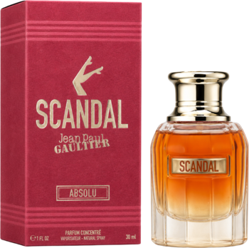 Jean Paul Gaultier Scandal Absolu perfumy, orientalno-kwiatowe. Bursztynowa butelka i czerwone pudełko, widok z przodu.