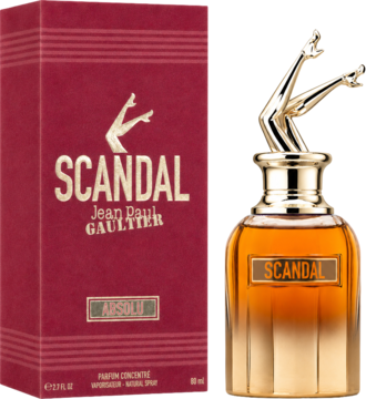 Butelka perfum Jean Paul Gaultier Scandal Absolu, ze złotym korkiem w kształcie nóg, obok czerwone pudełko.