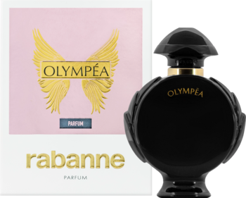 Paco Rabanne Olympéa Parfum: czarna butelka ze złotym napisem, obok różowo-białe pudełko z logo ze skrzydłami.