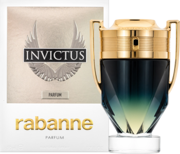 Perfumy Invictus Rabanne w ciemnozielono-złotej butelce w kształcie trofeum, obok białe opakowanie. Widok z przodu.