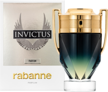 Invictus Parfum Rabanne: Butelka perfum w kształcie trofeum, granatowo-zielona z złotymi detalami, obok białego pudełka.