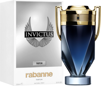 Perfumy męskie Invictus Rabanne Parfum, ciemna butelka w kształcie pucharu obok białego pudełka ze skrzydłami.
