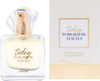 Woda perfumowana Avon TTA Today w przezroczystym flakonie z żółtym płynem i złotym atomizerem, obok pudełko.
