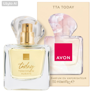 Luksusowa woda perfumowana Avon TTA Today z nutami neroli, butelka z złotym atomizerem, obok pudełko.