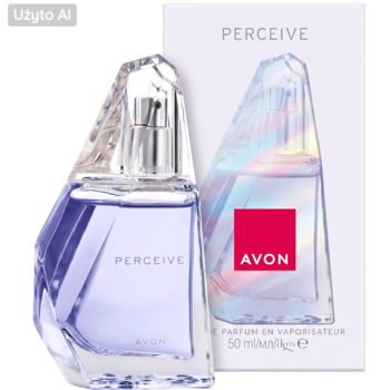 Avon Perceive woda perfumowana: fasetowany flakon z fioletowym płynem, obok białe opakowanie produktu.