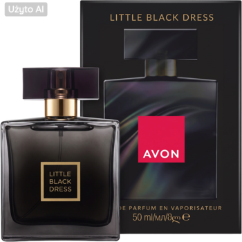 Kwiatowo-orientalne perfumy Avon Little Black Dress 50ml, ciemny flakon obok czarnego pudełka Avon.