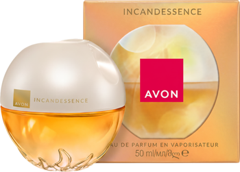 Flakon Avon Incandessence, bursztynowa woda perfumowana, okrągła butelka z białym korkiem i złote pudełko. Widok z przodu.