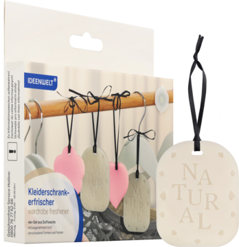 Białe opakowanie Ideenwelt Kleiderschrank-erfrischer z grafiką wiszących odświeżaczy i osobny beżowy odświeżacz Natural.