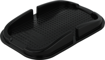 Czarna, silikonowa mata antypoślizgowa z teksturowanym wnętrzem i podniesionymi brzegami, widok z góry pod kątem.