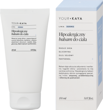 YOUR KAYA Hipoalergiczny balsam do ciała 200ml w białej tubce z pudełkiem z tyłu, lekko z boku, na białym tle.