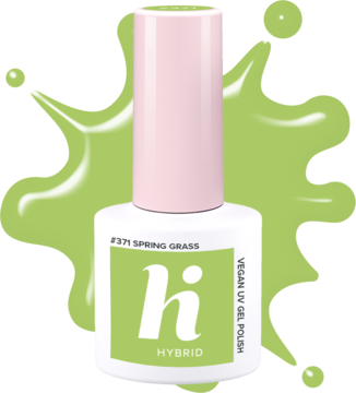 Zielony lakier hybrydowy Hi Hybrid #371 Spring Grass, biała butelka z różową nakrętką, widok z przodu.