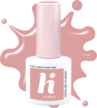 Różowy lakier hybrydowy Hi Hybrid #372 Smoothie Pink, butelka z białym logiem hi, Vegan UV Gel Polish, widok z przodu.