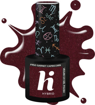 Lakier hybrydowy Hi Hybrid Garnet Capricorn, brokatowy burgund, butelka z nakrętką w znaki zodiaku, widok z przodu.