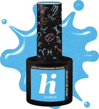 Niebieski lakier hybrydowy Hi Hybrid Aquamarine Pisces, butelka z etykietą i nakrętką w znaki zodiaku, widok z przodu.