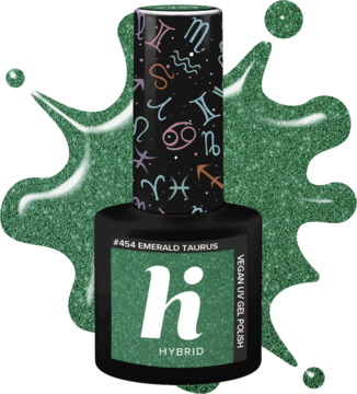Lakier hybrydowy Hi Hybrid #454 Emerald Taurus, szmaragdowy brokat, butelka z nakrętką w kolorowe znaki zodiaku.