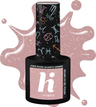 Różowy, brokatowy lakier hybrydowy Hi Hybrid Rose Quartz Gemini, butelka z nakrętką ze znakami zodiaku.