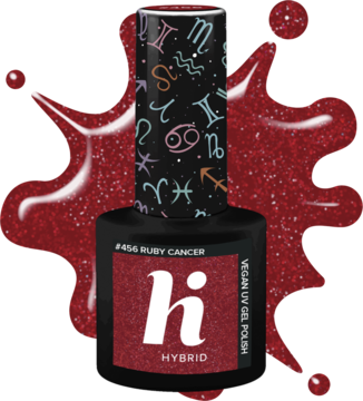 Czerwony brokatowy lakier hybrydowy Hi Hybrid Ruby Cancer, czarna butelka z korkiem zodiaku, widok przód.