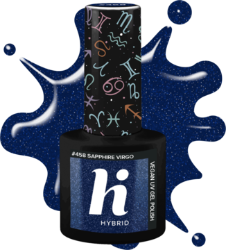 Brokatowy lakier hybrydowy Hi Hybrid Sapphire Virgo, granatowy, butelka z ozdobną nakrętką Zodiac.