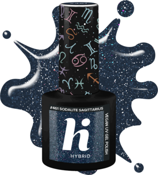 Brokatowy lakier hybrydowy Hi Hybrid Sodalite Sagittarius, ciemnoniebieski, z nakrętką ze znakami zodiaku. Widok z przodu.
