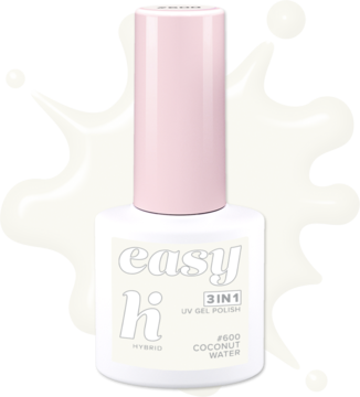 Hi Hybrid Easy 3w1 UV Gel Polish P600 Coconut Water, biała butelka z różową nakrętką, widok z przodu.