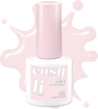 Pastelowy lakier hybrydowy Hi Hybrid Easy 3w1 Pink Lemonade w białej butelce, różowa nakrętka, widok z przodu.