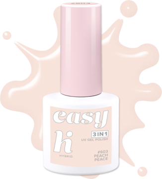 Lakier hybrydowy Hi Hybrid Easy 3w1 Peach Peace w pastelowej butelce z różową nakrętką, widok z przodu.