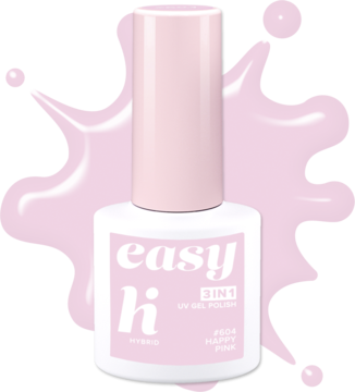 Pastelowy lakier hybrydowy Hi Hybrid Easy 3w1 Happy Pink w różowej butelce z napisem easy hi, widok z przodu.