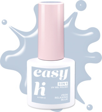 Pastelowy lakier hybrydowy Hi Hybrid Easy 3w1 Relaxing Blue #606, biała butelka z różową nakrętką, widok z przodu.