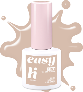Lakier hybrydowy Hi Hybrid Easy 3w1 Salted Caramel, beżowa butelka z różową nakrętką, widok z przodu.