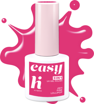 Lakier hybrydowy Hi Hybrid Easy 3w1 Pink Lollipop, neonowy róż w butelce, widok z przodu na różowym tle.