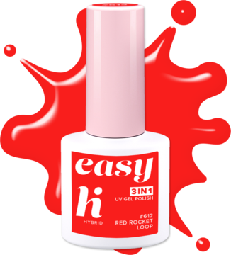 Neonowo-czerwony lakier hybrydowy Hi Hybrid Easy 3w1 Red Rocket Loop, butelka na tle czerwonych smug.