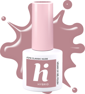 Hi Hybrid lakier hybrydowy #214 Classic Nude, butelka z różową nakrętką na rozmytym tle, widok z przodu.