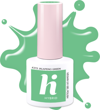 Zielony lakier Hi Hybrid #272 Jalapeno Green, biała butelka z różową nakrętką, tekst Vegan UV Gel, widok z przodu.