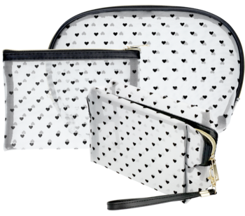 Dynamiczne ujęcie zestawu trzech przezroczystych kosmetyczek damskich w czarne serca, złote zamki.