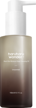 Bezzapachowy olejek Haruharu Wonder Black Rice Moisture Deep Cleansing Oil, butelka z białą pompką i gradientem brązu.