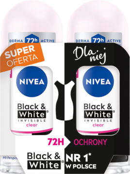 Dwupak NIVEA Black & White Invisible Clear roll-on 72h ochrona dla niej, butelki z przodu.