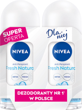 NIVEA Fresh Natural antyperspirant roll-on dwupak, białe opakowania, widok z przodu, baner SUPER OFERTA.